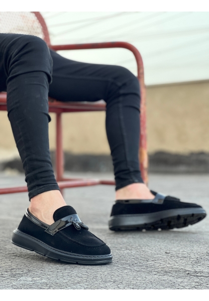 MirgeShoes Siyah Bağcıksız Püsküllü Erkek Loafer Ayakkabı Süet-Cilt Detaylı Yüksek SYH Taban MRG01060002323