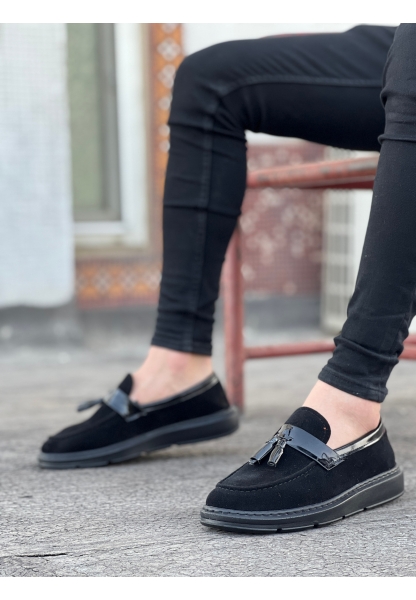 MirgeShoes Siyah Bağcıksız Püsküllü Erkek Loafer Ayakkabı Süet-Cilt Detaylı Yüksek SYH Taban MRG01060002323