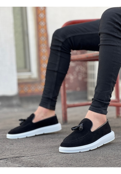 MirgeShoes Siyah Bağcıksız Püsküllü Erkek Loafer Ayakkabı Süet Kemer Detaylı Yüksek BYZ Taban MRG01060002323