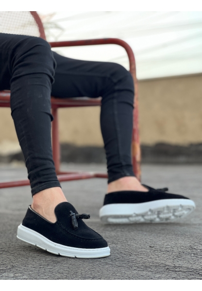 MirgeShoes Siyah Bağcıksız Püsküllü Erkek Loafer Ayakkabı Süet Kemer Detaylı Yüksek BYZ Taban MRG01060002323