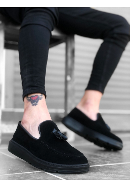 MRG0005 Bağcıksız Yüksek Taban Klasik Süet Siyah Siyah Taban Püsküllü Erkek Ayakkabı