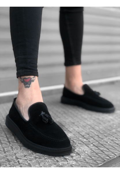 MRG0005 Bağcıksız Yüksek Taban Klasik Süet Siyah Siyah Taban Püsküllü Erkek Ayakkabı