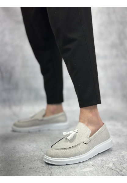 MirgeShoes Gri Bağcıksız Püsküllü Erkek Loafer Ayakkabı Keten Detaylı Yüksek BYZ Taban MRG01060002323