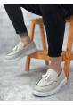 MirgeShoes Gri Bağcıksız Püsküllü Erkek Loafer Ayakkabı Keten Detaylı Yüksek BYZ Taban MRG01060002323