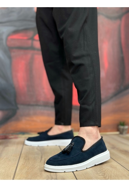 MRG0005 Bağcıksız Yüksek Taban Lacivert Süet Klasik Püsküllü Corcik Erkek Ayakkabı