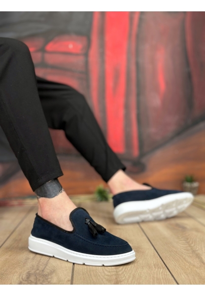 MRG0005 Bağcıksız Yüksek Taban Lacivert Süet Klasik Püsküllü Corcik Erkek Ayakkabı