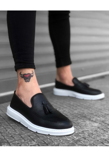 MRG0005 Bağcıksız Yüksek Taban Siyah Beyaz Klasik Püsküllü Corcik Erkek Ayakkabı