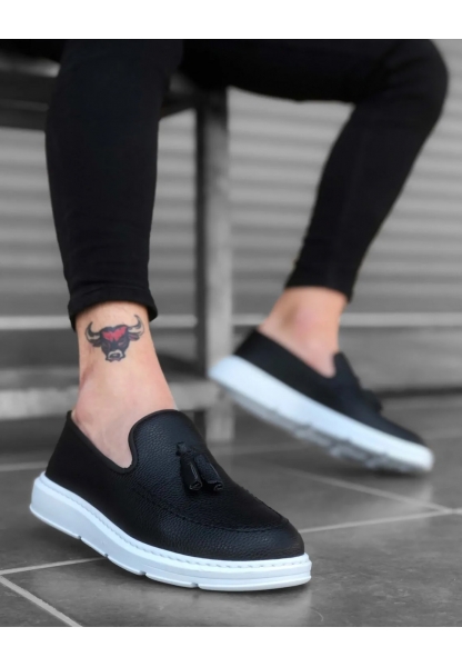 MRG0005 Bağcıksız Yüksek Taban Siyah Beyaz Klasik Püsküllü Corcik Erkek Ayakkabı