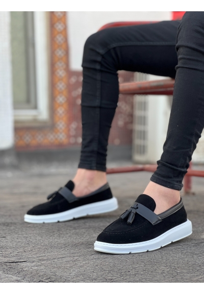 MirgeShoes Siyah Bağcıksız Püsküllü Erkek Loafer Ayakkabı Mat Cilt Kemerli Yüksek BYZ Taban MRG01060002323