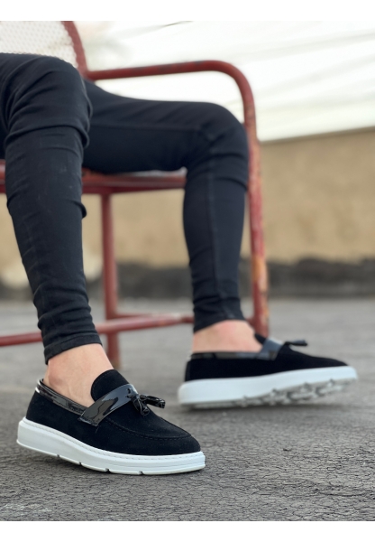 MirgeShoes Siyah Bağcıksız Püsküllü Erkek Loafer Ayakkabı Cilt Kemerli Yüksek BYZ Taban MRG01060002323