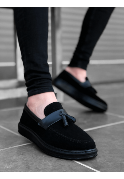 MirgeShoes Siyah Bağcıksız Püsküllü Erkek Loafer Ayakkabı Mat Süet Kemerli Yüksek SYH Taban MRG01060002323