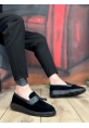 MirgeShoes Siyah Bağcıksız Püsküllü Erkek Loafer Ayakkabı Mat Süet Kemerli Yüksek SYH Taban MRG01060002323