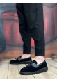 MirgeShoes Siyah Bağcıksız Püsküllü Erkek Loafer Ayakkabı Mat Süet Kemerli Yüksek SYH Taban MRG01060002323