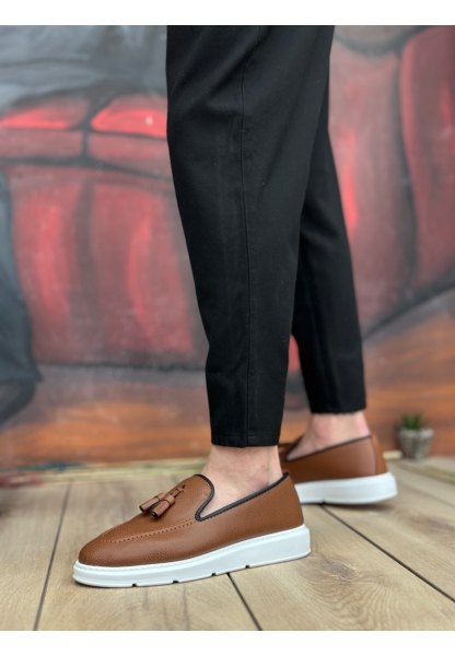 MirgeShoes Taba Bağcıksız Püsküllü Erkek Loafer Ayakkabı Cilt Detaylı Yüksek BYZ Taban MRG01060002323