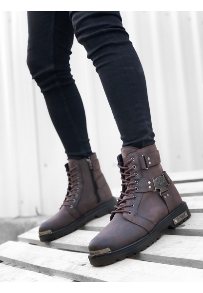 MirgeShoes Kahve Fermuarlı Tokalı Erkek Klasik Spor Postal Bot Mat Yüksek Kalın Taban MRG0106002398