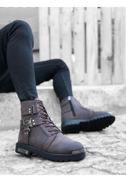 MirgeShoes Kahve Fermuarlı Tokalı Erkek Klasik Spor Postal Bot Mat Yüksek Kalın Taban MRG0106002398