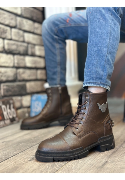MirgeShoes Kahve Fermuarlı Tokalı Erkek Klasik Spor Postal Bot Parlak Yüksek Kalın Taban MRG0106002398