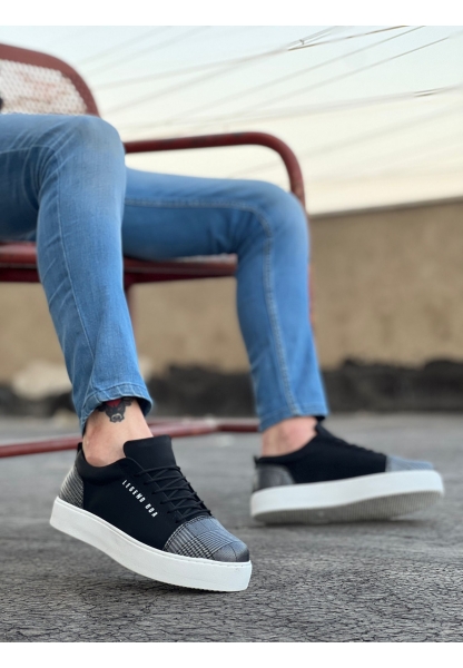 MirgeShoes Siyah Bağcıklı Erkek Spor Klasik Ayakkabı Ekose Süet Deri Kalın BYZ Taban MRG010602422