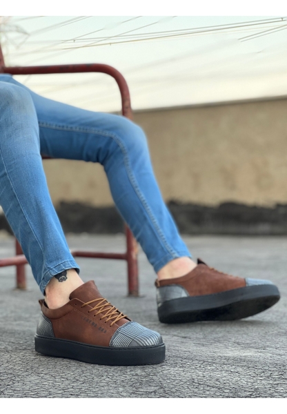 MirgeShoes Taba Bağcıklı Erkek Spor Ayakkabı Ekose Süet Deri Kalın SYH Taban MRG010602422