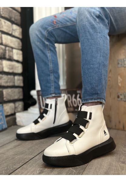 MRG0142 Bantlı Erkek Yüksek Taban Beyaz Siyah Spor Bot