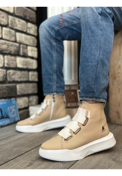 MRG0142 Bantlı Erkek Yüksek Taban Krem Beyaz Spor Bot