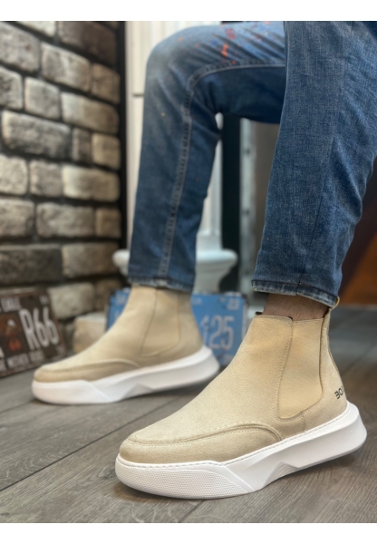 MRG0150 Bağcıksız Erkek Krem Süet Yüksek Taban Spor Bot