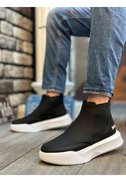 MRG0150 Bağcıksız Erkek Yüksek Taban Cilt Siyah Beyaz Spor Bot