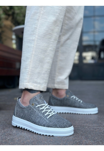 MirgeShoes Gri Bağcıklı Erkek Casual Ayakkabı Keten Tırtıklı Yüksek BYZ Taban MRG010602470