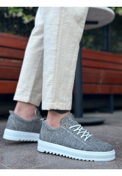 MirgeShoes Gri Bağcıklı Erkek Casual Ayakkabı Keten Tırtıklı Yüksek BYZ Taban MRG010602470