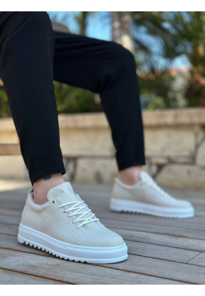 MirgeShoes Krem Bağcıklı Erkek Casual Ayakkabı Keten Tırtıklı Yüksek BYZ Taban MRG010602470