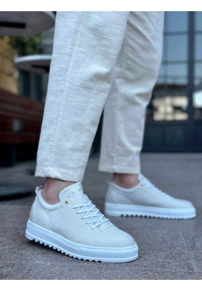 MirgeShoes Krem Bağcıklı Erkek Casual Ayakkabı Keten Tırtıklı Yüksek BYZ Taban MRG010602470