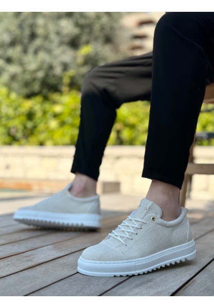 MirgeShoes Krem Bağcıklı Erkek Casual Ayakkabı Keten Tırtıklı Yüksek BYZ Taban MRG010602470