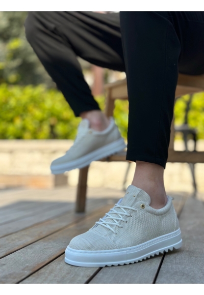 MirgeShoes Krem Bağcıklı Erkek Casual Ayakkabı Keten Tırtıklı Yüksek BYZ Taban MRG010602470