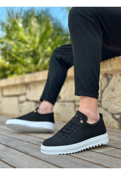 MirgeShoes Siyah Bağcıklı Erkek Casual Ayakkabı Keten Tırtıklı Yüksek BYZ Taban MRG010602470