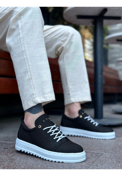 MirgeShoes Siyah Bağcıklı Erkek Casual Ayakkabı Keten Tırtıklı Yüksek BYZ Taban MRG010602470