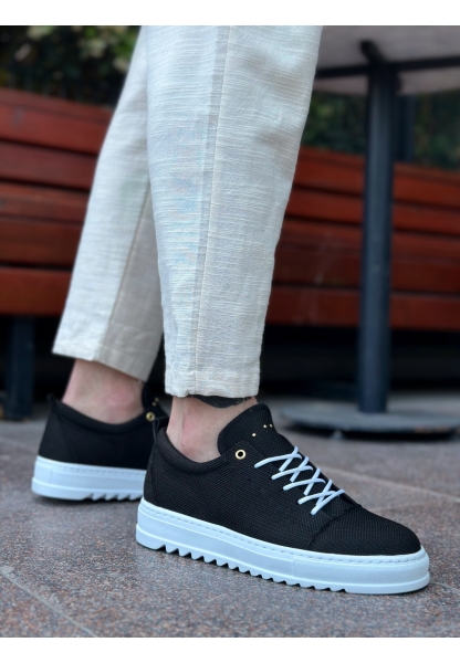 MirgeShoes Siyah Bağcıklı Erkek Casual Ayakkabı Keten Tırtıklı Yüksek BYZ Taban MRG010602470
