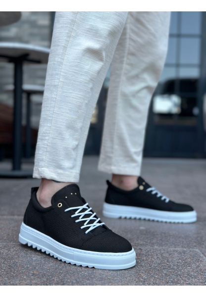 MirgeShoes Siyah Bağcıklı Erkek Casual Ayakkabı Keten Tırtıklı Yüksek BYZ Taban MRG010602470