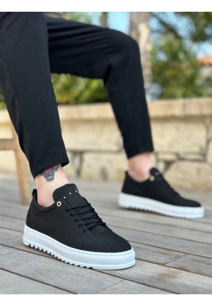 MirgeShoes Siyah Bağcıklı Erkek Casual Ayakkabı Keten Tırtıklı Yüksek BYZ Taban MRG010602470