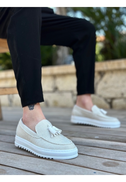 MirgeShoes Beyaz Bağcıksız Püsküllü Erkek Casual Ayakkabı Keten Yüksek BYZ Taban MRG010602472