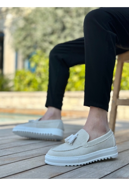 MirgeShoes Beyaz Bağcıksız Püsküllü Erkek Casual Ayakkabı Keten Yüksek BYZ Taban MRG010602472