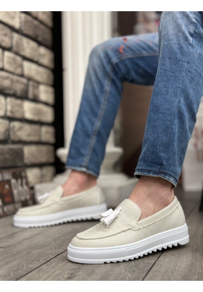 MirgeShoes Beyaz Bağcıksız Püsküllü Erkek Casual Ayakkabı Keten Yüksek BYZ Taban MRG010602472