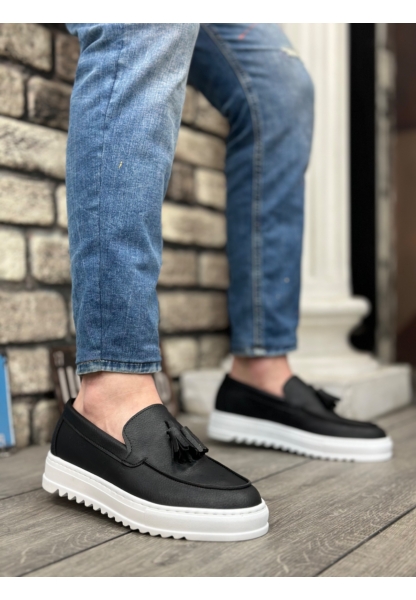 MirgeShoes Siyah Bağcıksız Püsküllü Erkek Casual Ayakkabı Cilt Deri Yüksek BYZ Taban MRG010602472