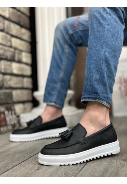 MirgeShoes Siyah Bağcıksız Püsküllü Erkek Casual Ayakkabı Cilt Deri Yüksek BYZ Taban MRG010602472