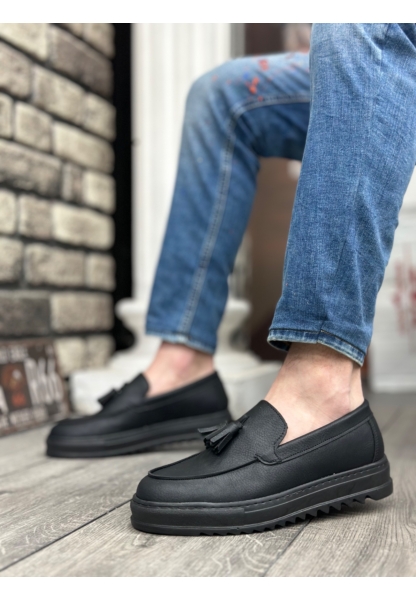 MirgeShoes Siyah Bağcıksız Püsküllü Erkek Casual Ayakkabı Cilt Deri Yüksek SYH Taban MRG010602472