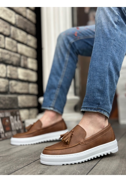 MirgeShoes Taba Bağcıksız Püsküllü Erkek Casual Ayakkabı Cilt Deri Yüksek BYZ Taban MRG010602472