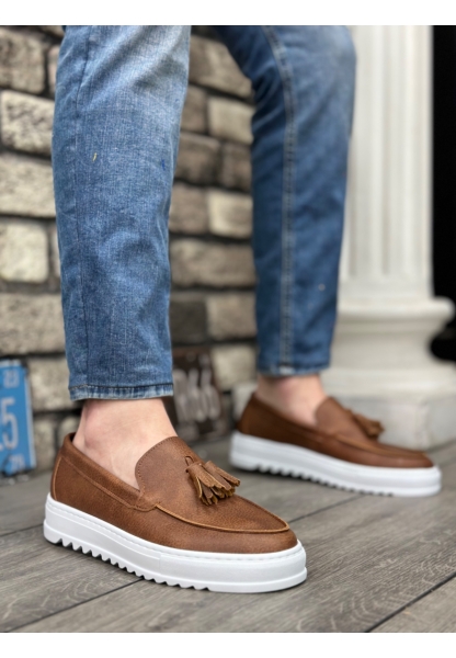 MirgeShoes Taba Bağcıksız Püsküllü Erkek Casual Ayakkabı Cilt Deri Yüksek BYZ Taban MRG010602472