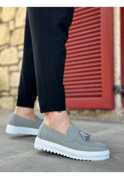 MirgeShoes Gri Bağcıksız Püsküllü Erkek Casual Ayakkabı Süet Deri Yüksek BYZ Taban MRG010602472