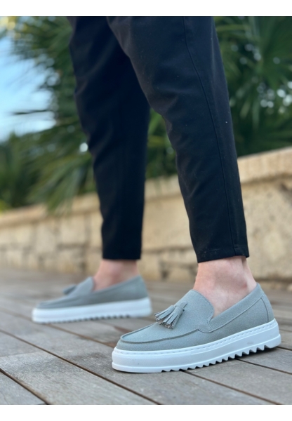 MirgeShoes Gri Bağcıksız Püsküllü Erkek Casual Ayakkabı Süet Deri Yüksek BYZ Taban MRG010602472