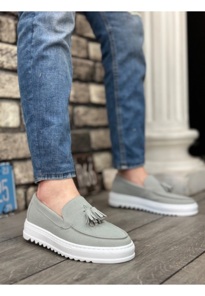 MirgeShoes Gri Bağcıksız Püsküllü Erkek Casual Ayakkabı Süet Deri Yüksek BYZ Taban MRG010602472
