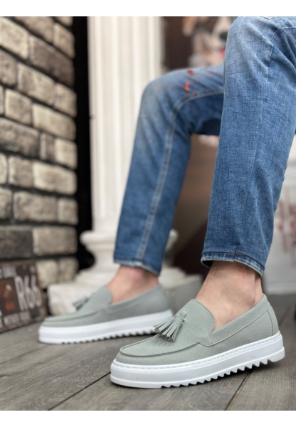 MirgeShoes Gri Bağcıksız Püsküllü Erkek Casual Ayakkabı Süet Deri Yüksek BYZ Taban MRG010602472